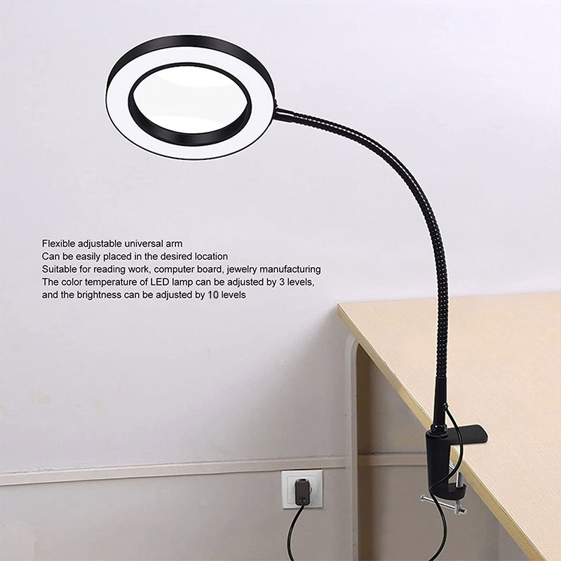 LED Magnifying Lamp with Clamp - 5X Magnifying Glass with LED Light  Flexible Arm 10 Level Brightness 3 Colors Workbench Light with Clip