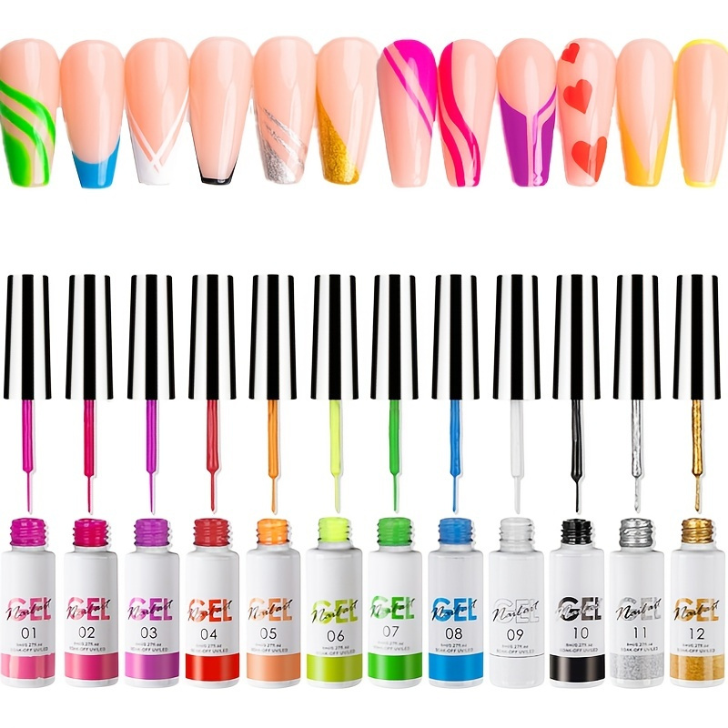 12 colors 3D Color Paint Glue Nail Polish Manicure Tools with Silk Nail Gel and Solid Color Paint Line Gel Polish