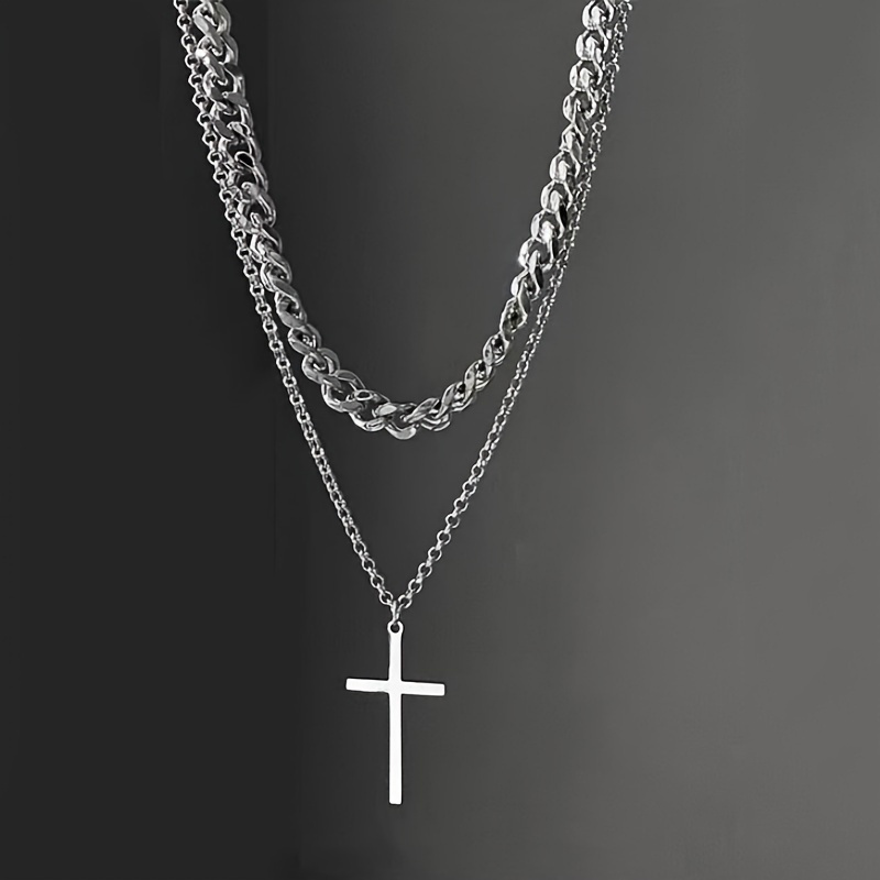 Mens Titanium Stainless Steel Cross Pendant Necklace Rock Rhinestone  Streetwear Sweater Chain Hip Hop Jewelry Cuban Link Chain