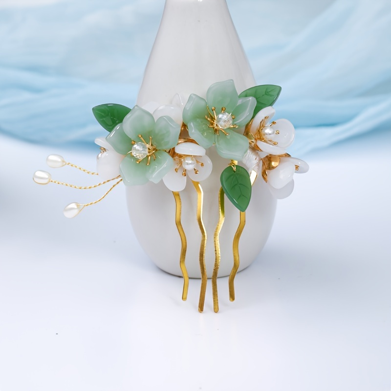 

Handmade Green Glass Flower Leaves Crystal Faux Pearl Hair Comb Vintage Bridal Jewelry Hair Accessories