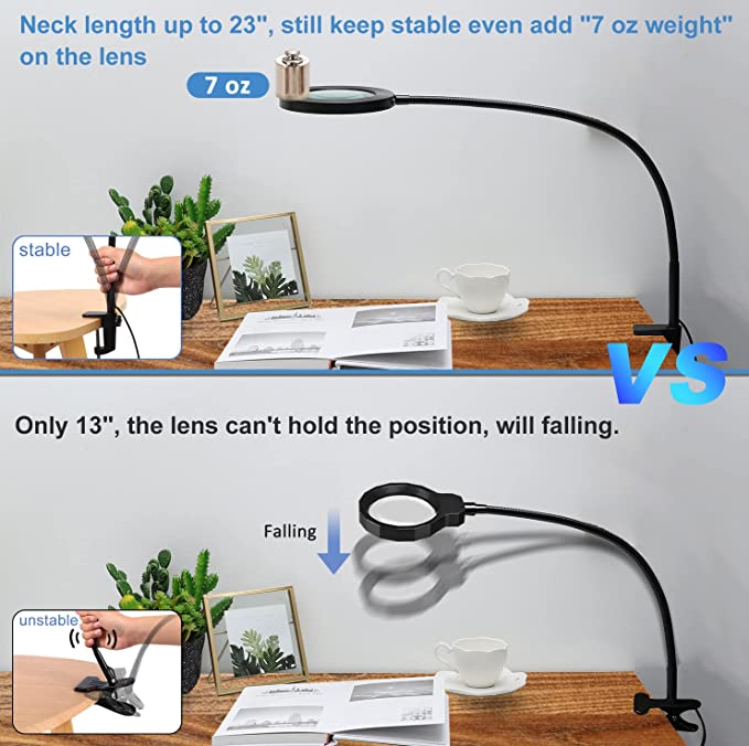 VEEMAGNI 10X Magnifying Glass with Light and Clamp, 23 Gooseneck 5 Color  Modes Stepless Dimmable LED Desk Lamp, Real Glass Table Lighted Magnifier