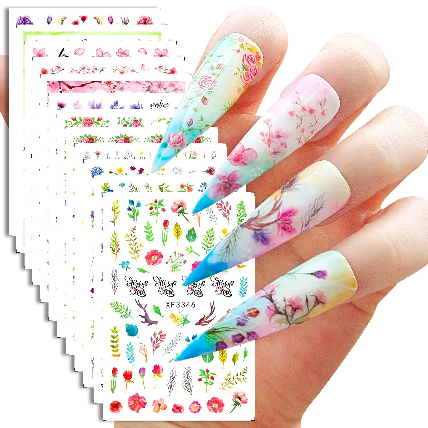 1 Sheet Nail Stickers Flower Rose Green Plant Nail Decals Self Adhesive ...