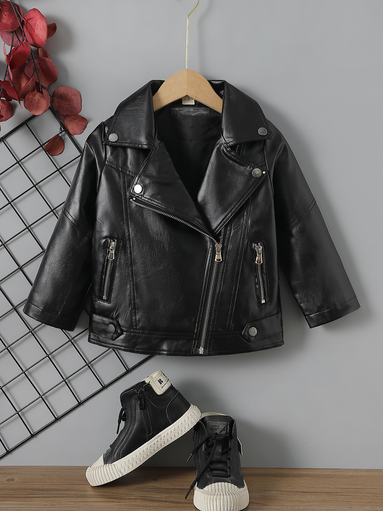 Children's Lapel Pu Leather Jacket Zipper Coat Top Girls - Temu United ...