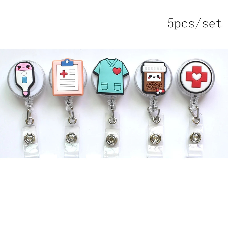 4/5pcs/set High Quality Silicone Retractable Hospital Nurse Badge Holder  Reel Cute Cartoon ID Card Holder Keychains