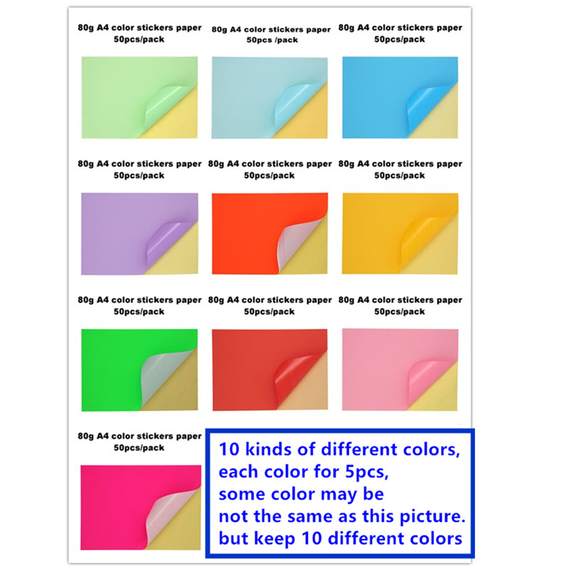 50 feuilles de papier autocollant couleur A4, imprimante à jet d