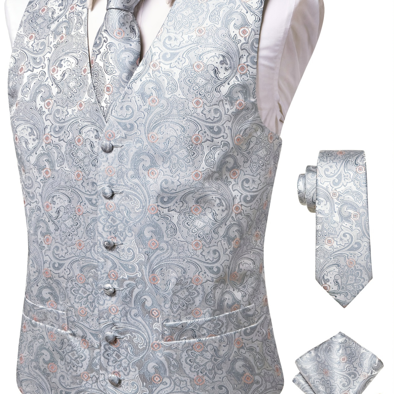 

Men's Vintage Elegant Fit Sleeveless Vest Set, Formal Suit Waistcoat & Tie & Cufflinks & Hanky For Wedding Party Business Best Sellers