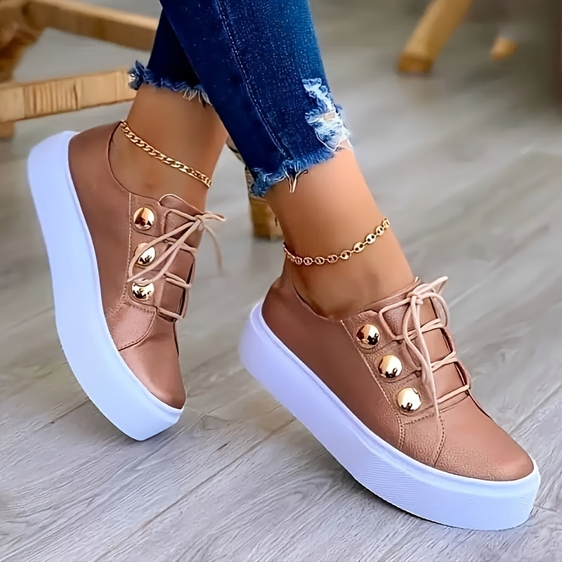 Solid Sneakers, Women's Comfy Round Toe Lace Up Casual Stylish Footwear