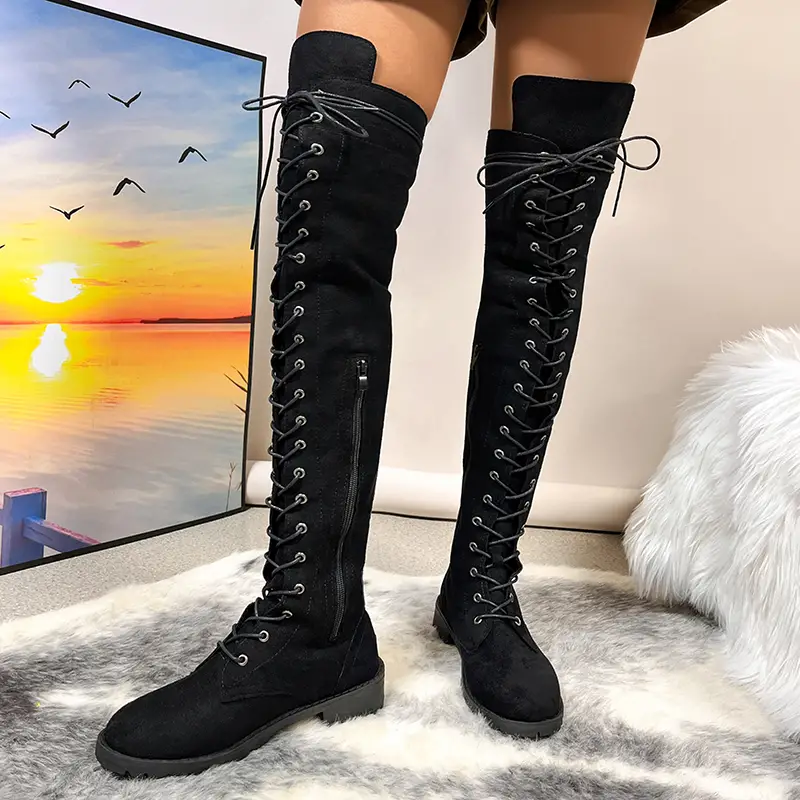 Women's Over The Knee Boots, Solid Color Lace Up & Side Zipper Shoes ...