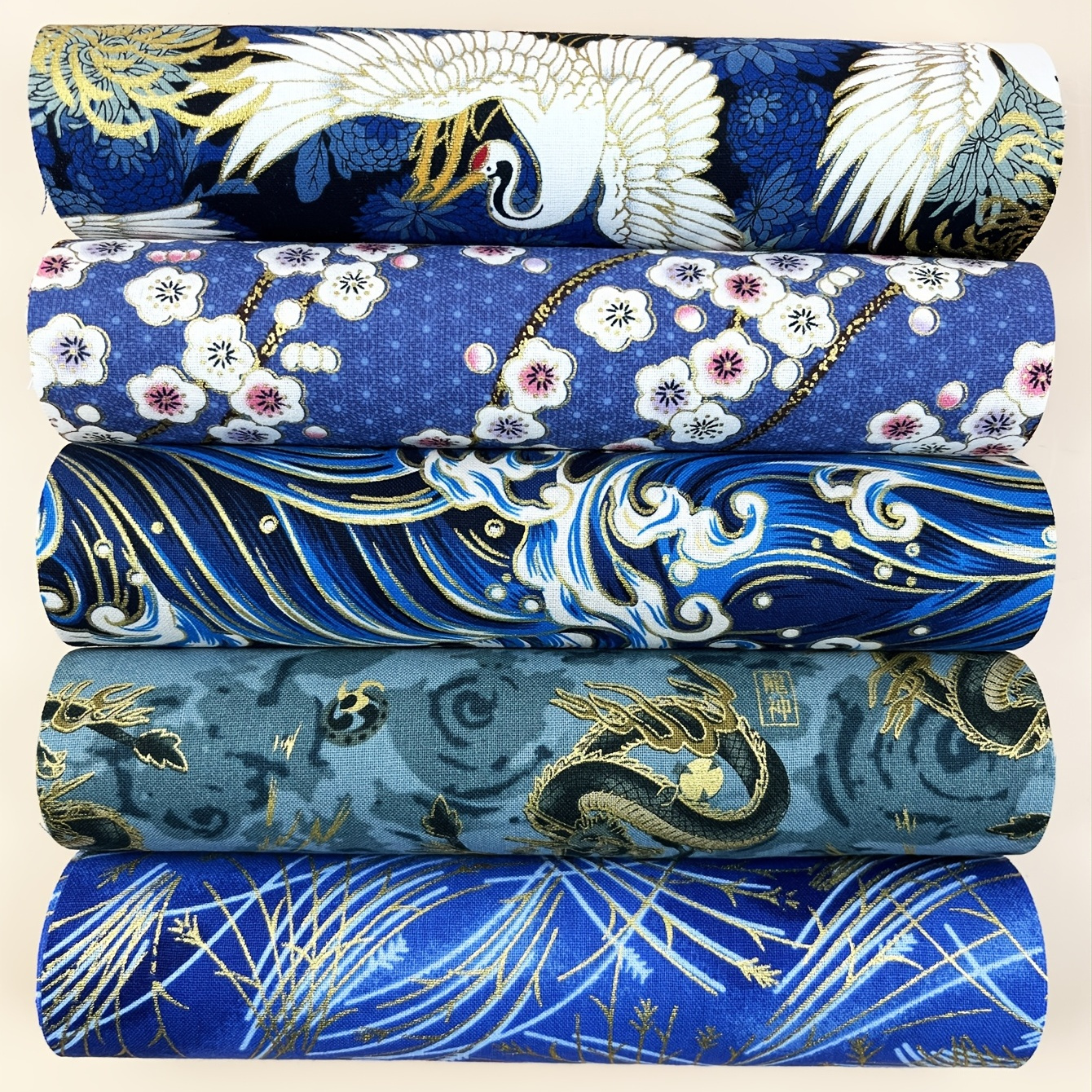 

5pcs Blue Cotton Fabric, Flower Printed Cheongsam Fabric, Kimono Dress Fabric, Home Textile Patchwork Material