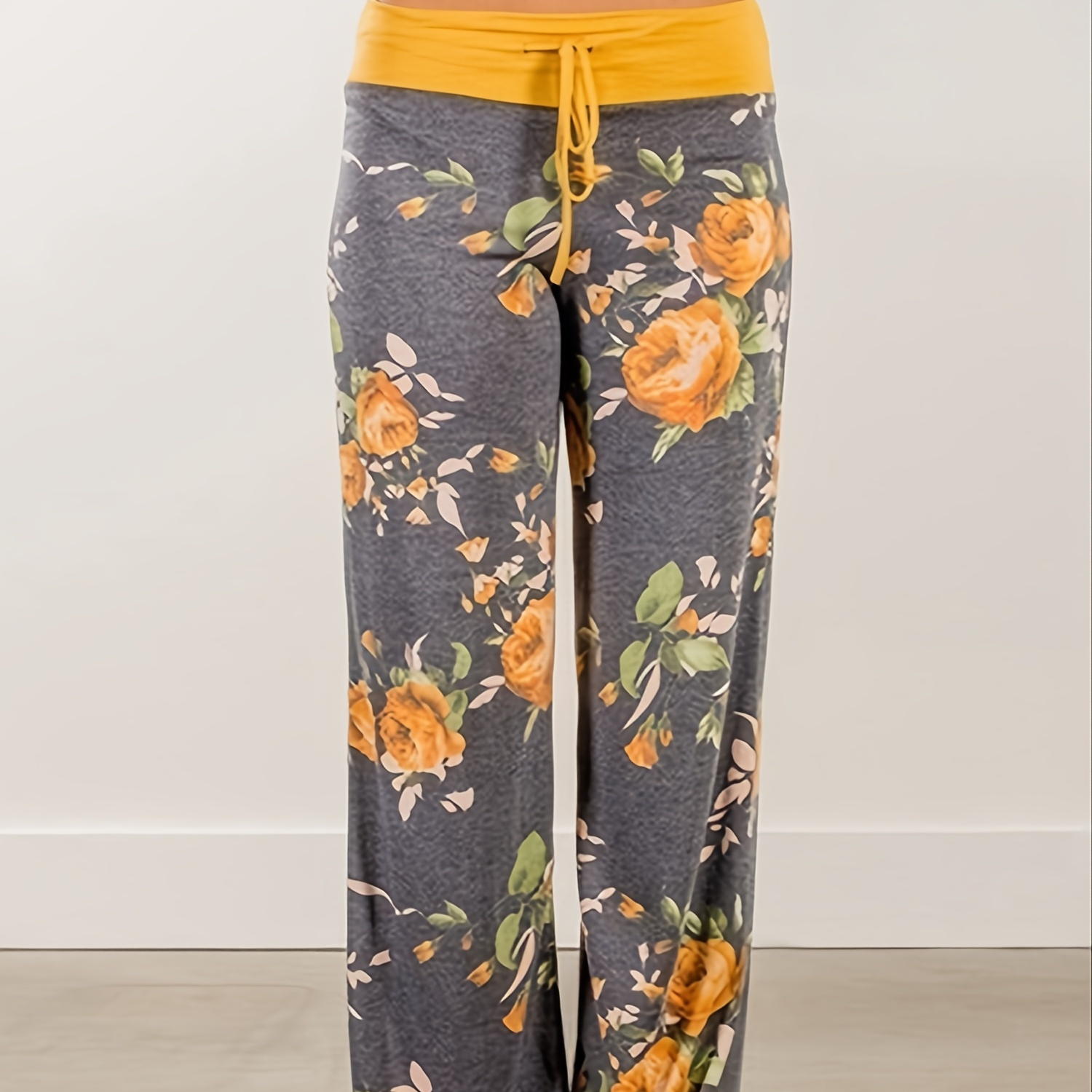 

Plus Size Floral Print High Rise Drawstring Long Pants, Women's Plus Slight Stretch Loose Casual Pants