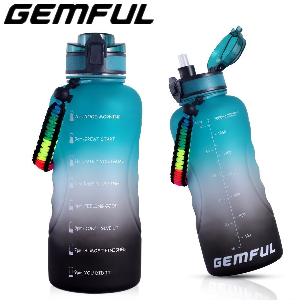 GEMFUL 3 Liter Large Water Bottle Inspirational BPA Free with Time Marker  and Straw Portable Jug for Outdoor Sports and Fitness