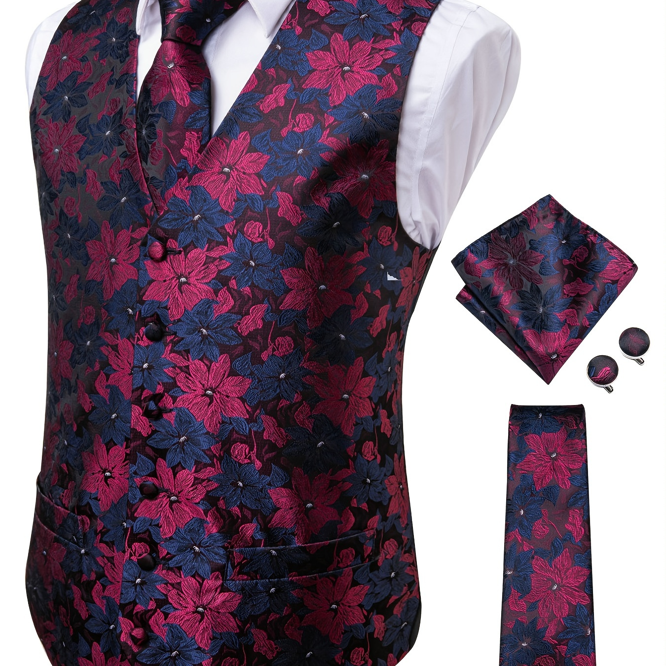 Men's Vintage Elegant Fit Sleeveless Vest Set With Floral Print, Formal Suit Waistcoat & Tie & Cufflinks & Hanky For Wedding Party Business