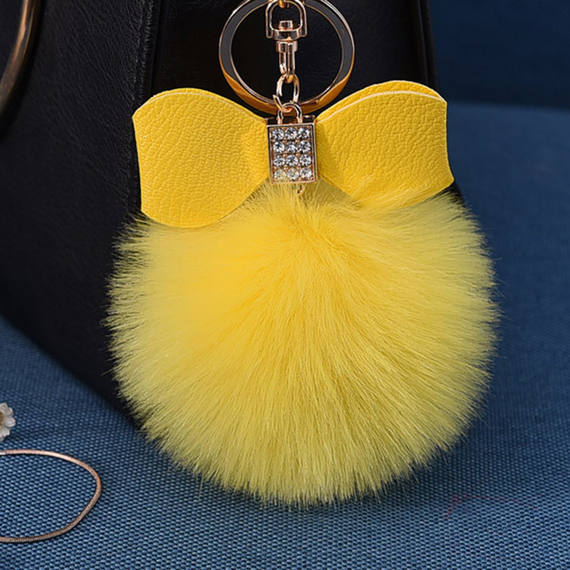 Diamond-studded PU Cute Bow Imitation Rex Rabbit Fur Ball Keychain