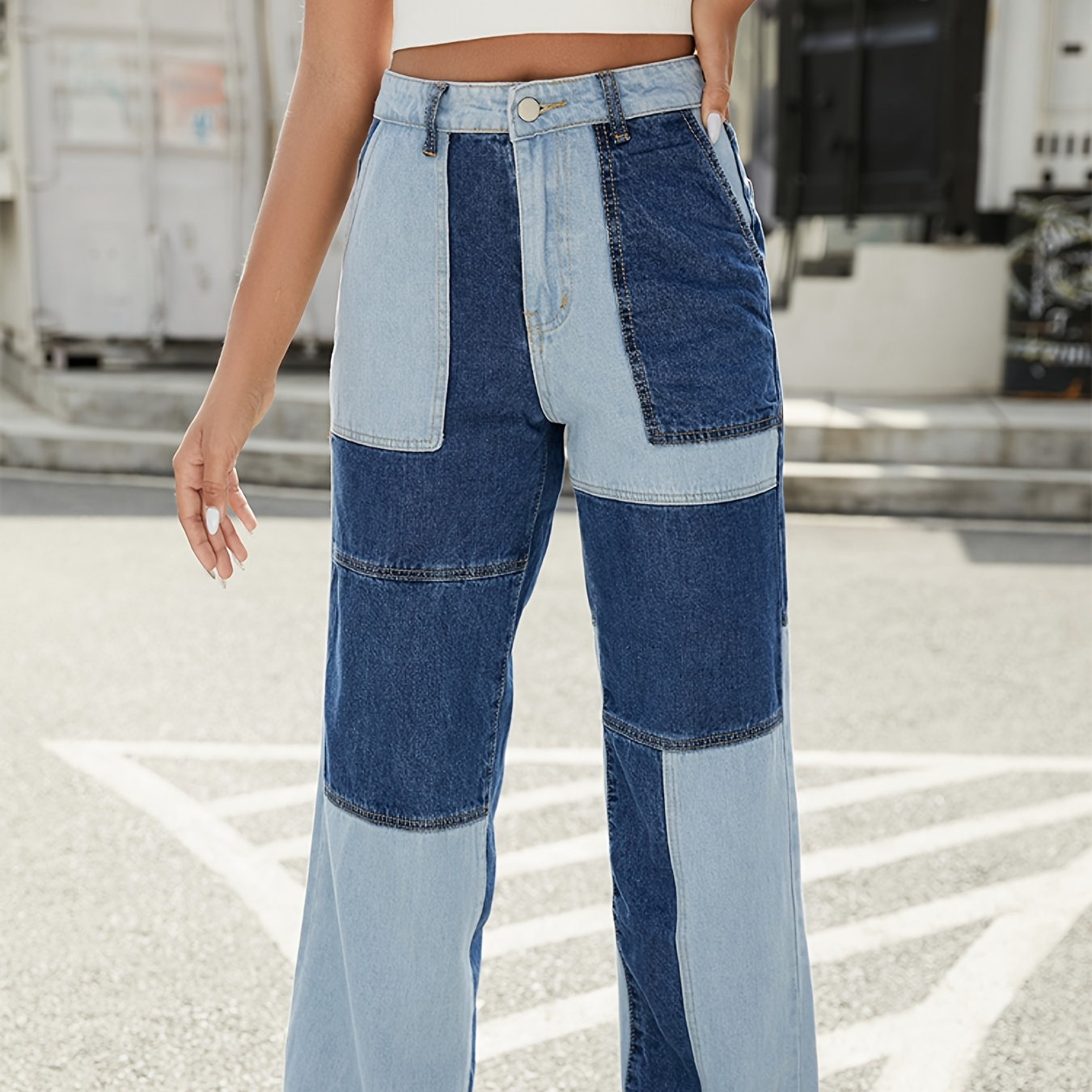 HBER Womens Patchwork Jeans High Waisted Straight Leg Stretch Denim Pants Girls Fashion Color Block Patch Jeans