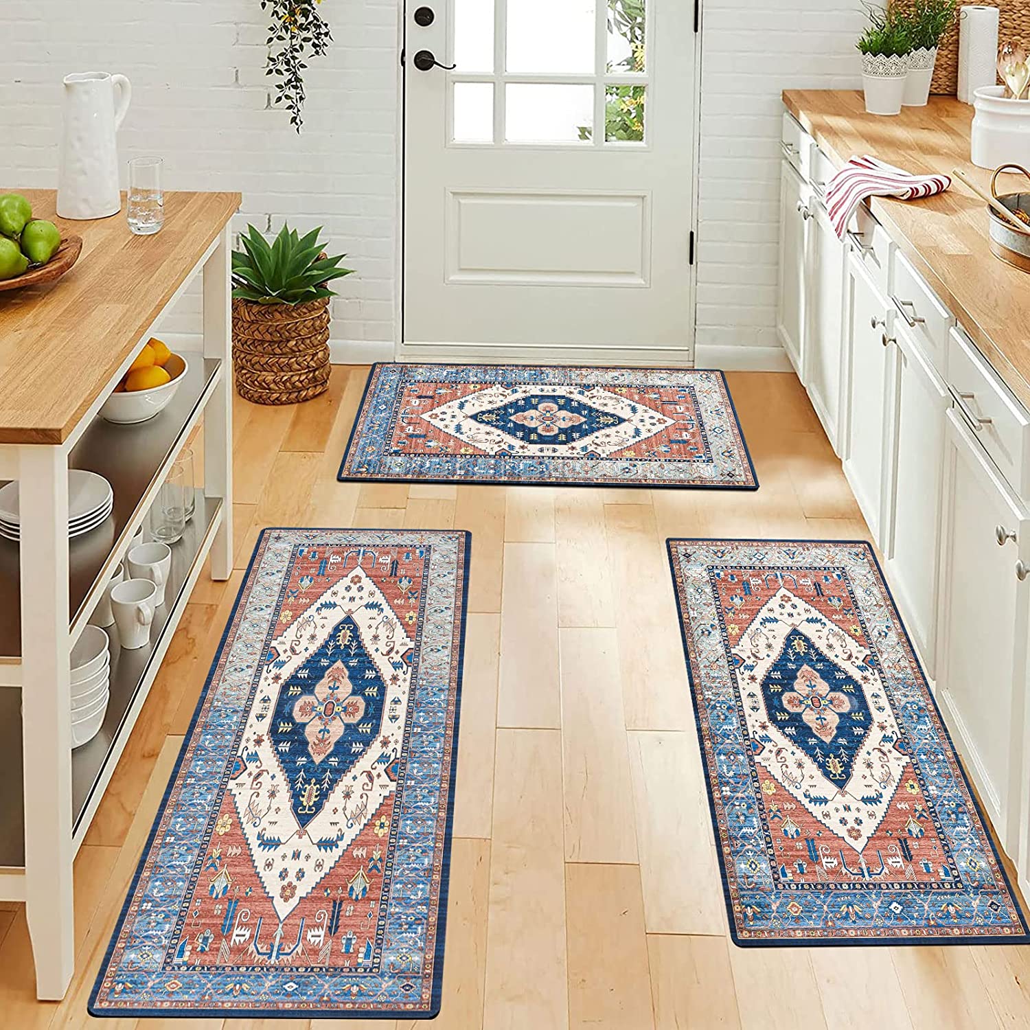 Set of 2 Navy Blue Kitchen Rugs, Cushioned Slip Resistant Mats for Dining  Room Floor, Office, Sink, Laundry