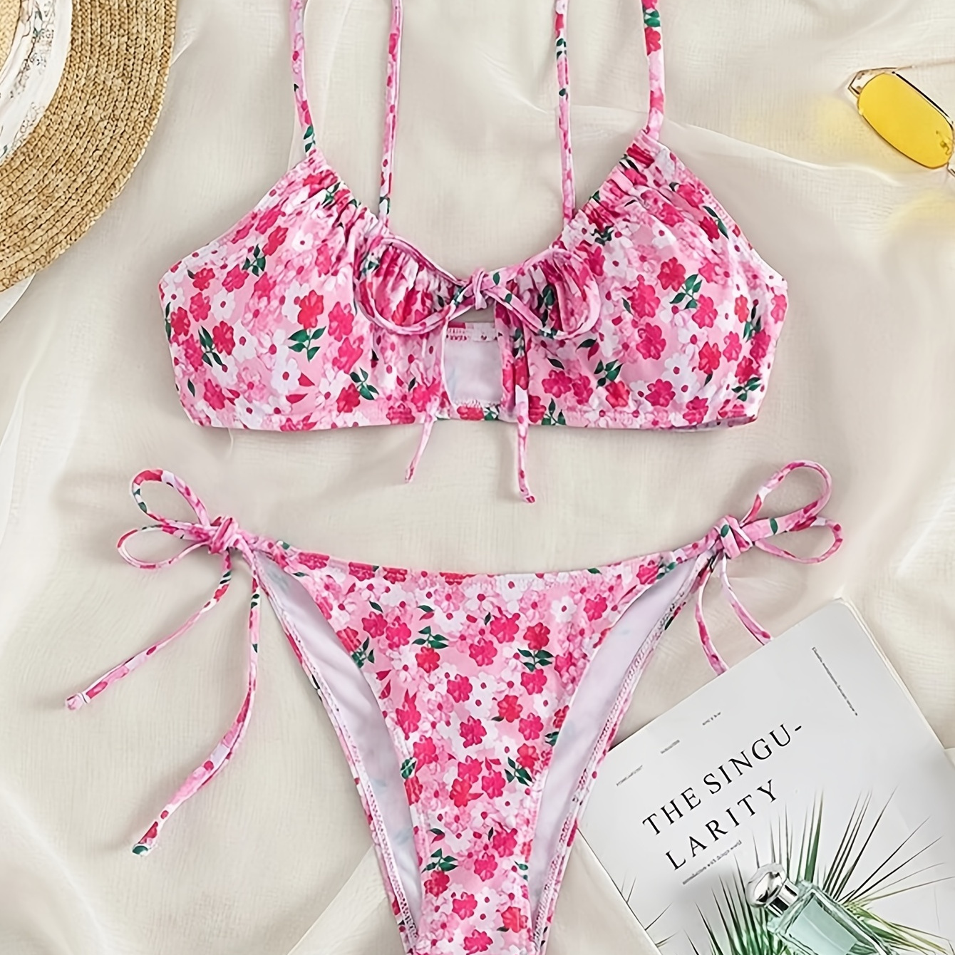 

Pink Floral Print Cut Out Bowtie 2 Piece Set Bikini, Tie Side Scoop Neck Stretchy Swimsuits, Women's Swimwear & Clothing Valentine's Day Triangle Top