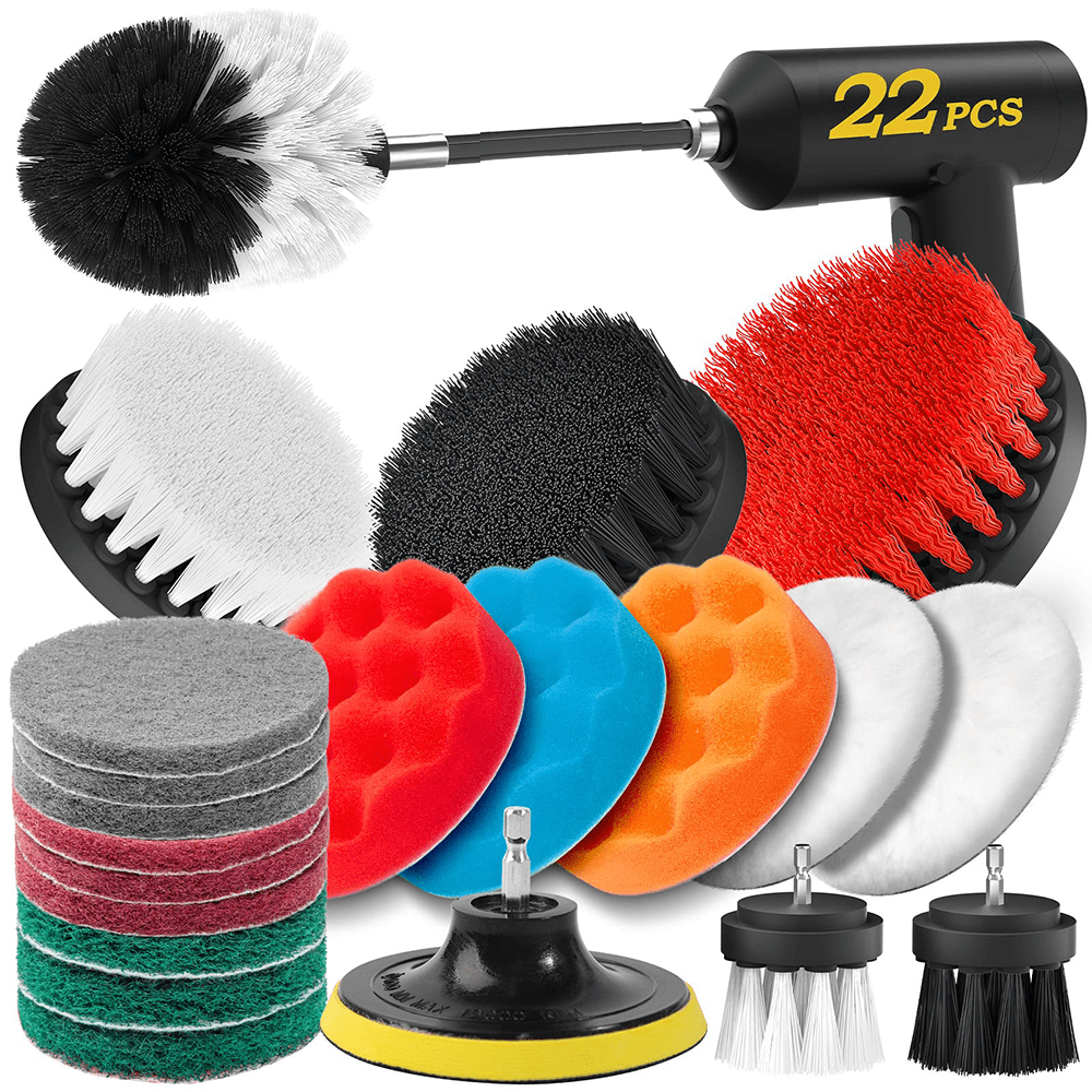Holikme 22Piece Drill Brush Attachments Set, White Scrub Pads & Sponge, Power Scrubber Brush with Extend Long Attachment All Purpose Clean for Grout