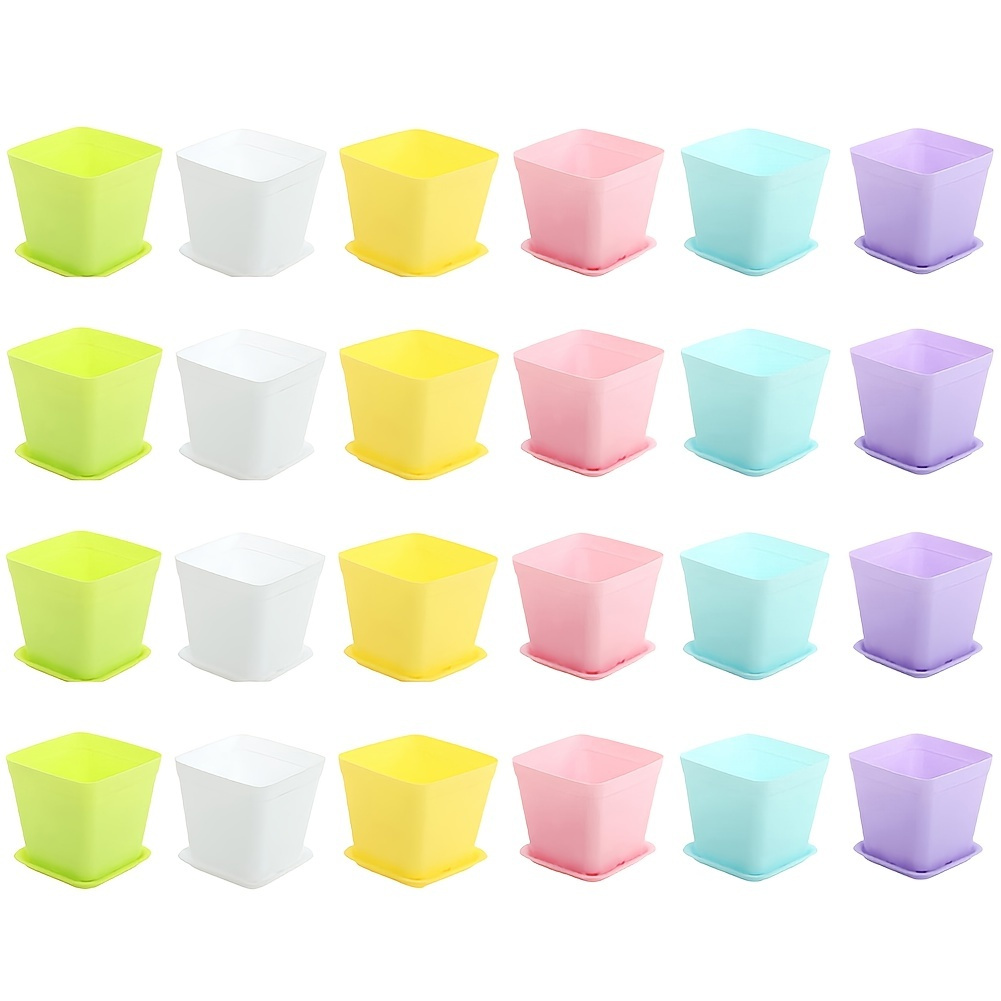 

24 Packs Colorful Flower Pots Square Plastic Plant Pots Succulent Planter Nursery Pots With Saucers For Your Room, Garden Office And Balcony Decor
