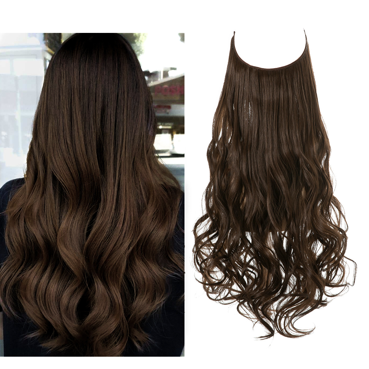 Clip in Halo Hair Extensions: Invisible Wire Hair Extension with Adjustable  Size Transparent Headband 4 Secure Clips 20 Inch Long Curly Wavy Light
