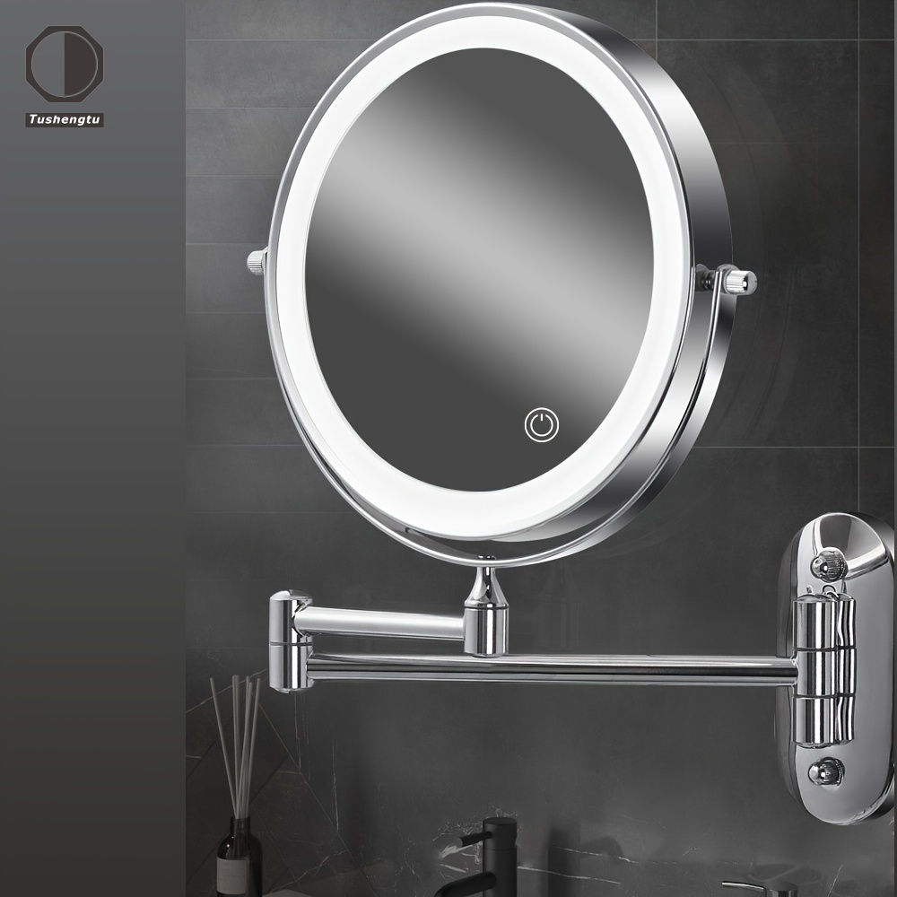 Espejo de maquillaje de montaje en pared, espejo de tocador con luz LED de  dos lados con aumento de 10X para baño, giratorio de 360°, recargable por  USB y brazo extensible de