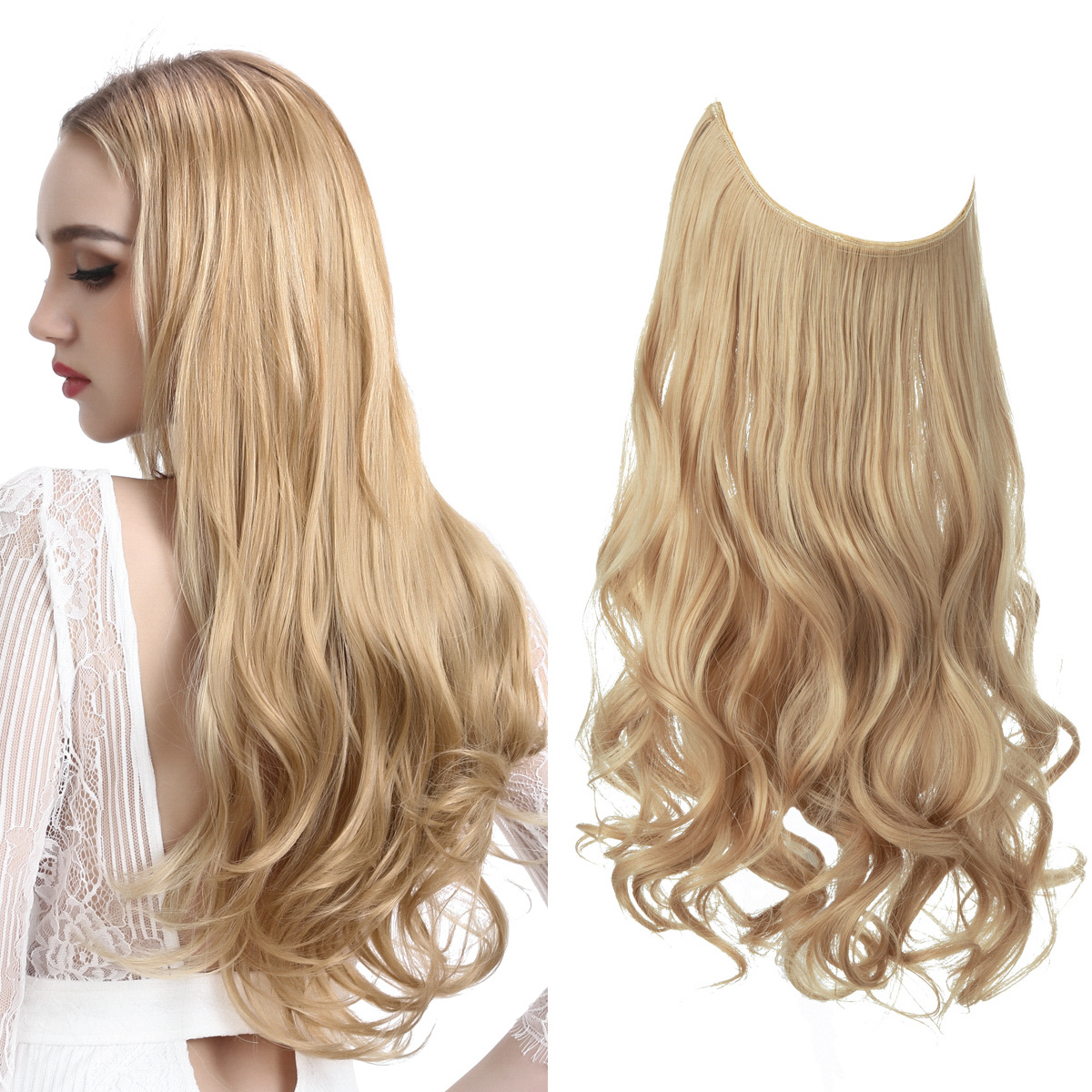 Sarla Dirty Blonde Hair Extension Halo Highlight Wavy Curly Long Synthetic Hairpieces for Women 18 inch 4.2 oz Adjustable Size H