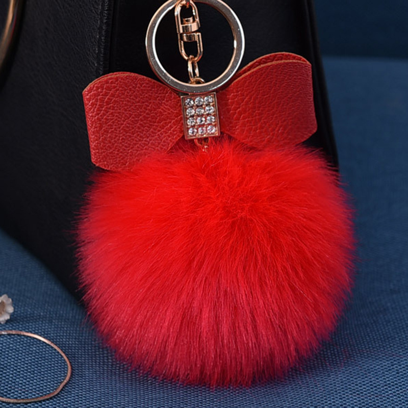 Diamond-studded PU Cute Bow Imitation Rex Rabbit Fur Ball Keychain