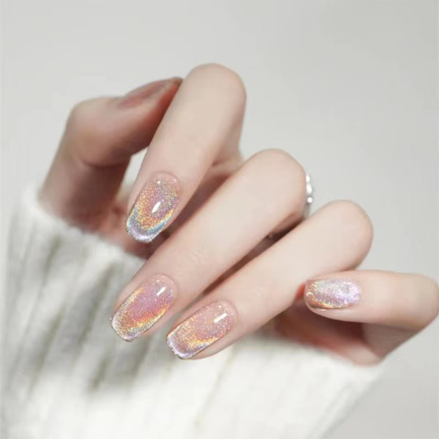 press on nails medium fake nail with glue cat eye coffin glossy full cover false nails glue on nails acrylic false nail tips for women girls details 0