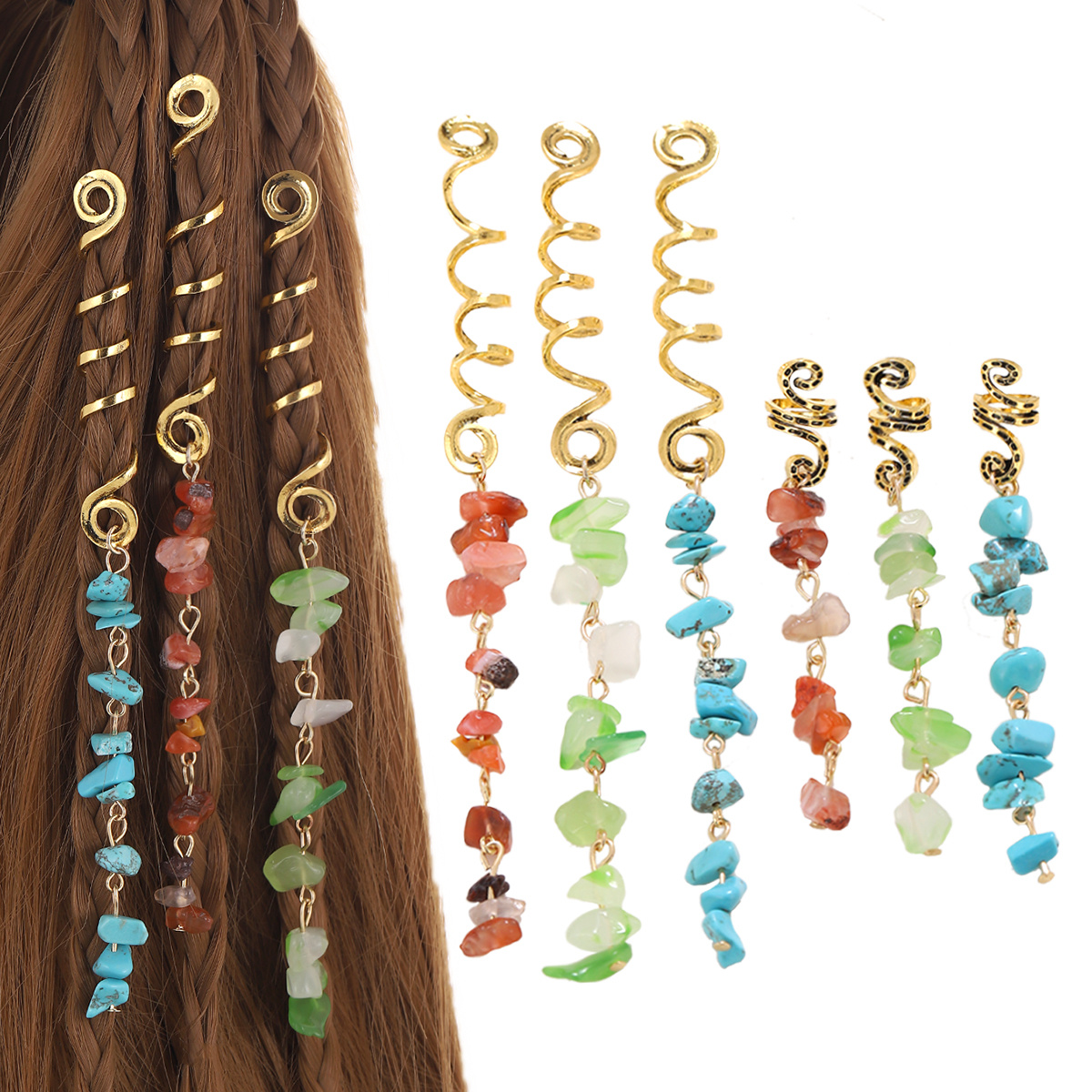 12 piezas de colgante de piedra natural de colores joyería de cabello  accesorios de rastas de cristal pinzas de pelo de metal para rastas piratas  – Yaxa Costa Rica