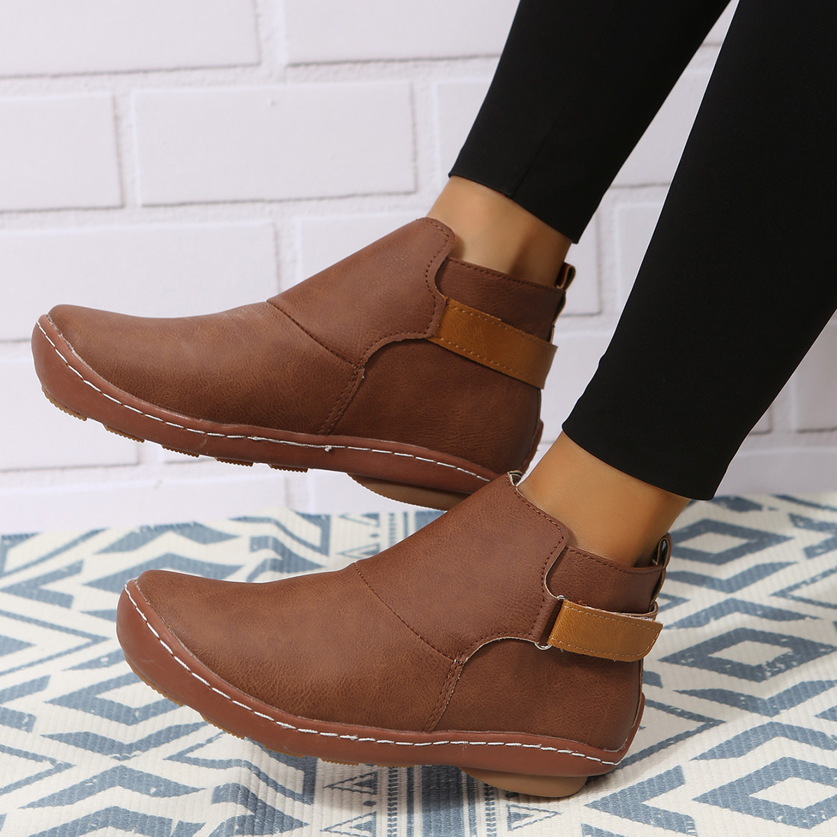 Women s Flat Ankle Boots Solid Color Round Toe Faux Leather - Temu