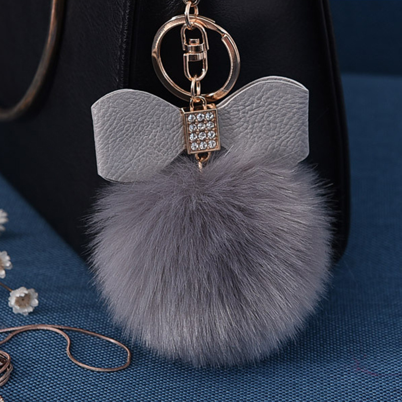 Diamond-studded PU Cute Bow Imitation Rex Rabbit Fur Ball Keychain