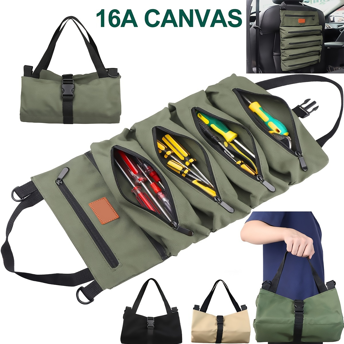 Tool Bag, Roll Up Bag, Portable Heavy Duty Tool Organizer For Men Women,  Portable Bag With 2 Detachable Pouch, Green Storage Box, Gifts For Dad