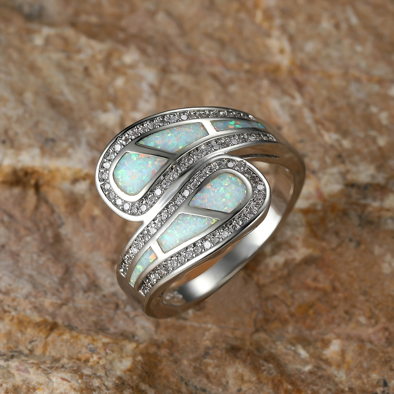 

Female White Opal Stone Ring Boho Vintage Wedding Engagement Jewelry For Women