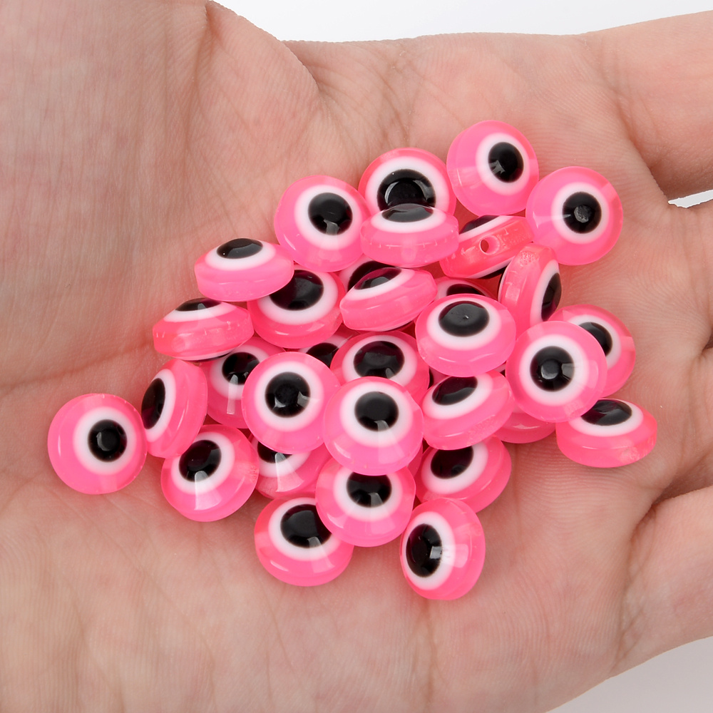 50 100pcs Flat Round Pink Evil Eye Beads , Resin Evil Eye Beads , 8mm ,  10mm Pink Beads for Jewelry Making 