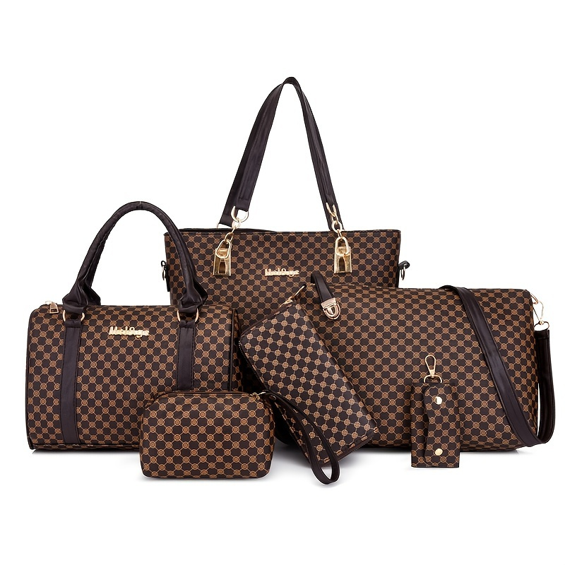 Geometric Pattern Purse Set, Women's Fashion Faux Leather Tote Bag Large Handbag Set