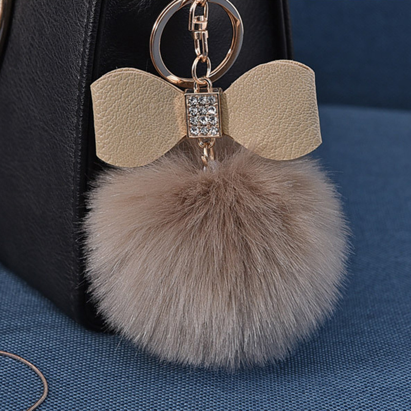 Diamond-studded PU Cute Bow Imitation Rex Rabbit Fur Ball Keychain