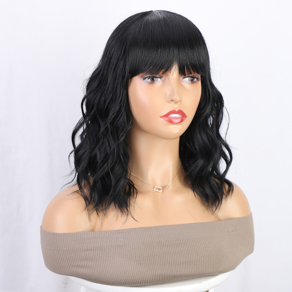 Short Black Bob Wig With Bangs For Women Short Wavy Synthetic Curly Bob Wigs Temu 