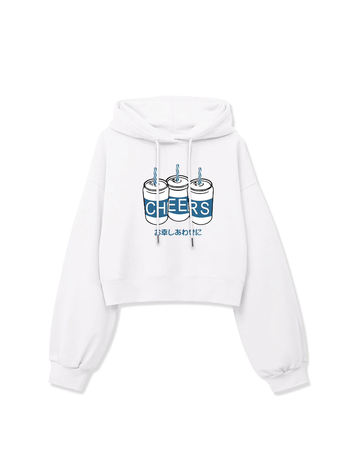Japanese Cartoon Drinks Print Crop Hoodie, Long Sleeve Casual