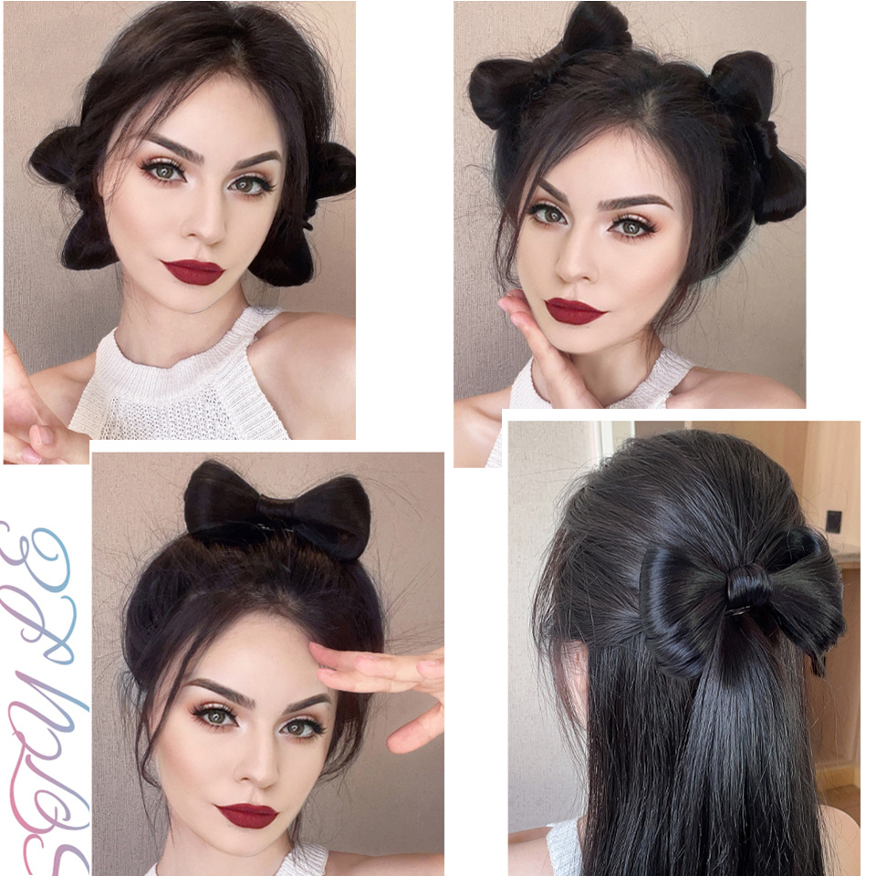 Bow Claw Hair Bun Synthetic Chignon Straight Hair Bun Updo Hairpiece High Temperature Natural Fake Kittybow Styling Hair Accessories