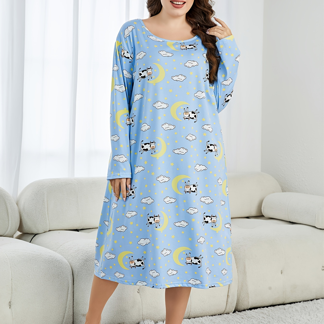 Plus Size Cow Print Long Sleeve Round Neck Nightdress, Women's Plus Slight Stretch Cute Loungewear