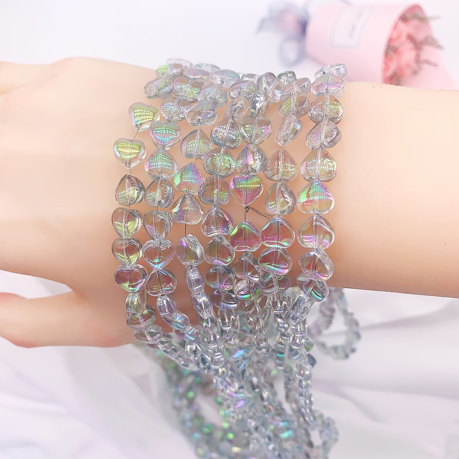 95pcs/set Silver Gray Heart Shaped Sparkle Clear Glass Beads For