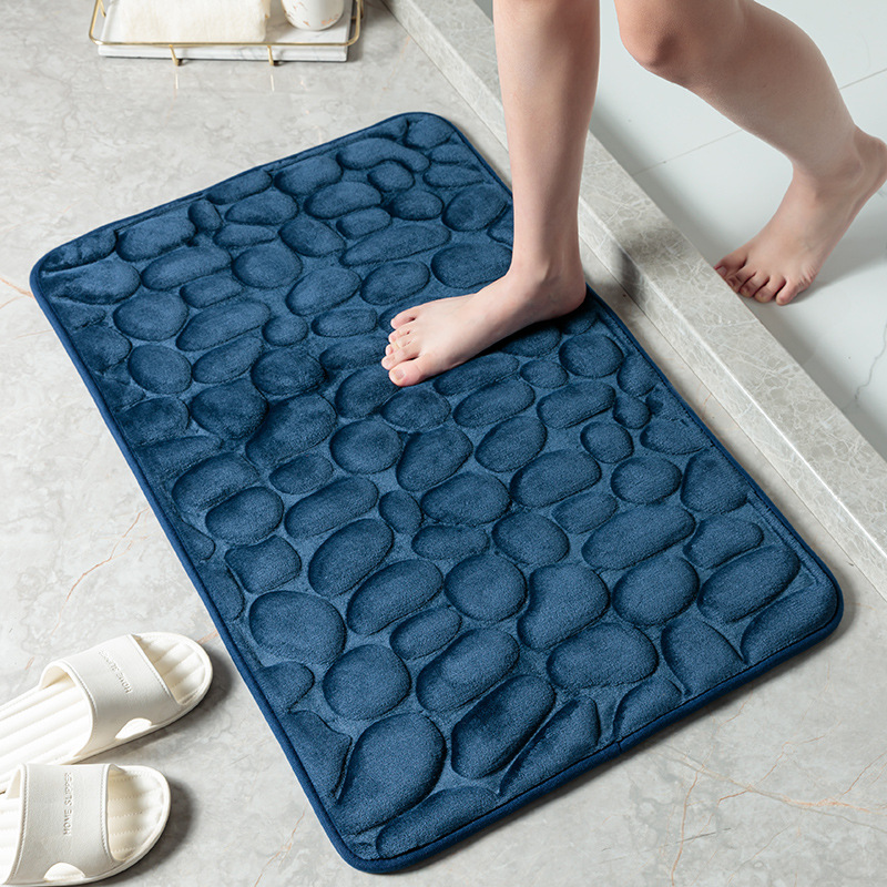 1pc Navy Blue Stone Pattern Bathroom Anti-skid Water-absorbing Mat,  Rectangle Bath Rug