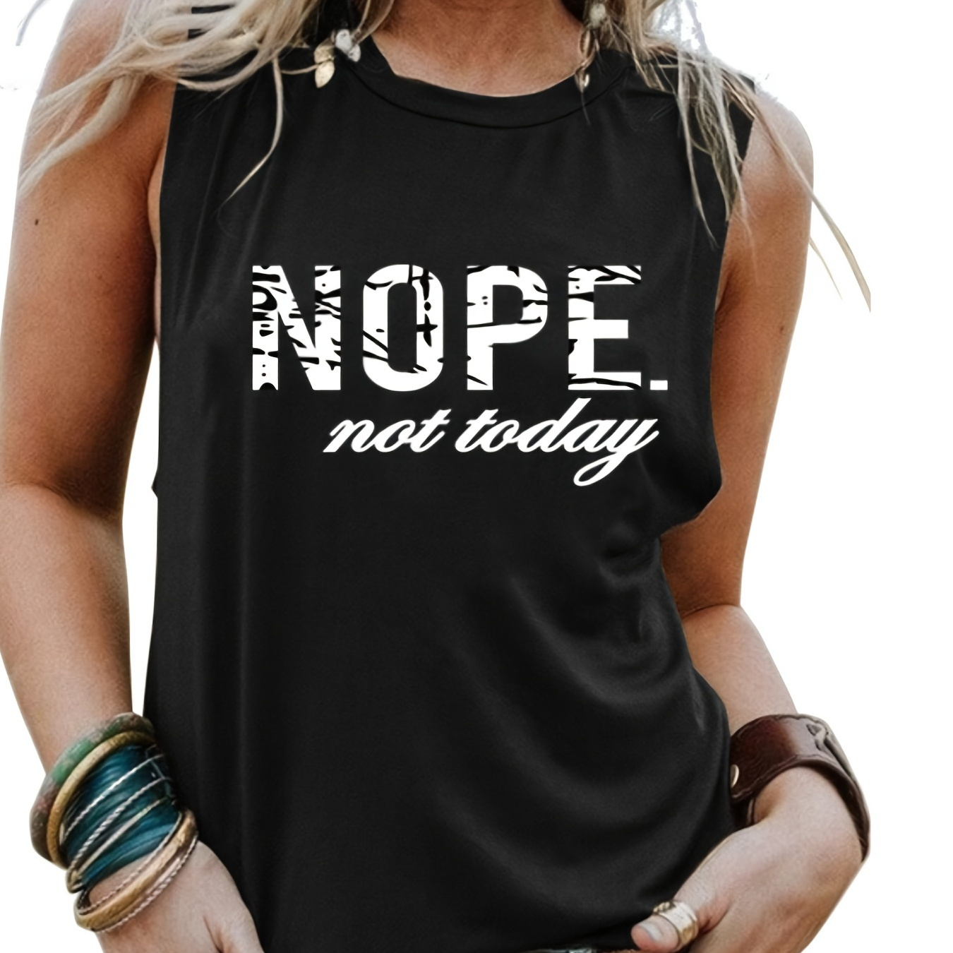 

Nope Not Today Graphic Print Tank Top, Sleeveless Crew Neck Casual Top For All Season, Women's Clothing