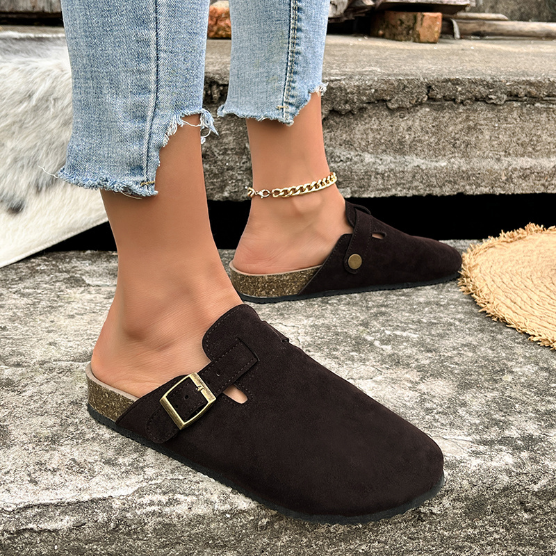 Classic Metal Buckle Backless Flat Slippers Mules
