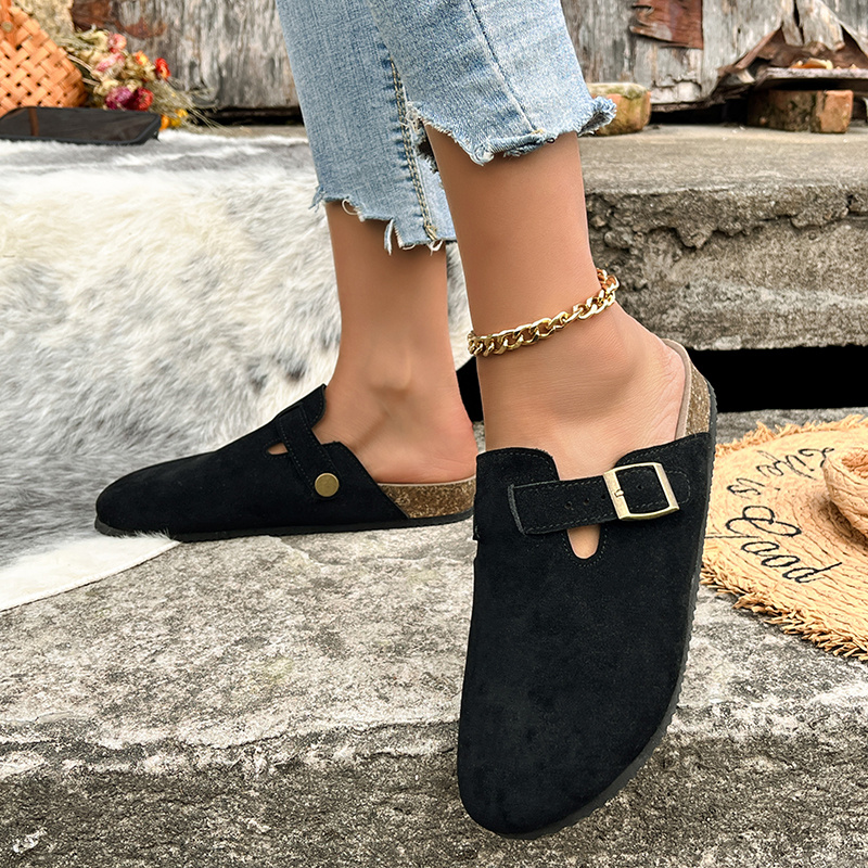 Classic Metal Buckle Backless Flat Slippers Mules