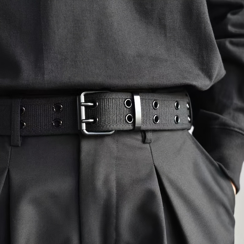 

Double Pin Square Buckle Belt Sturdy Black Nylon Studded Flexible Belt Coat Jeans Pants Belts Unisex Waist Belt