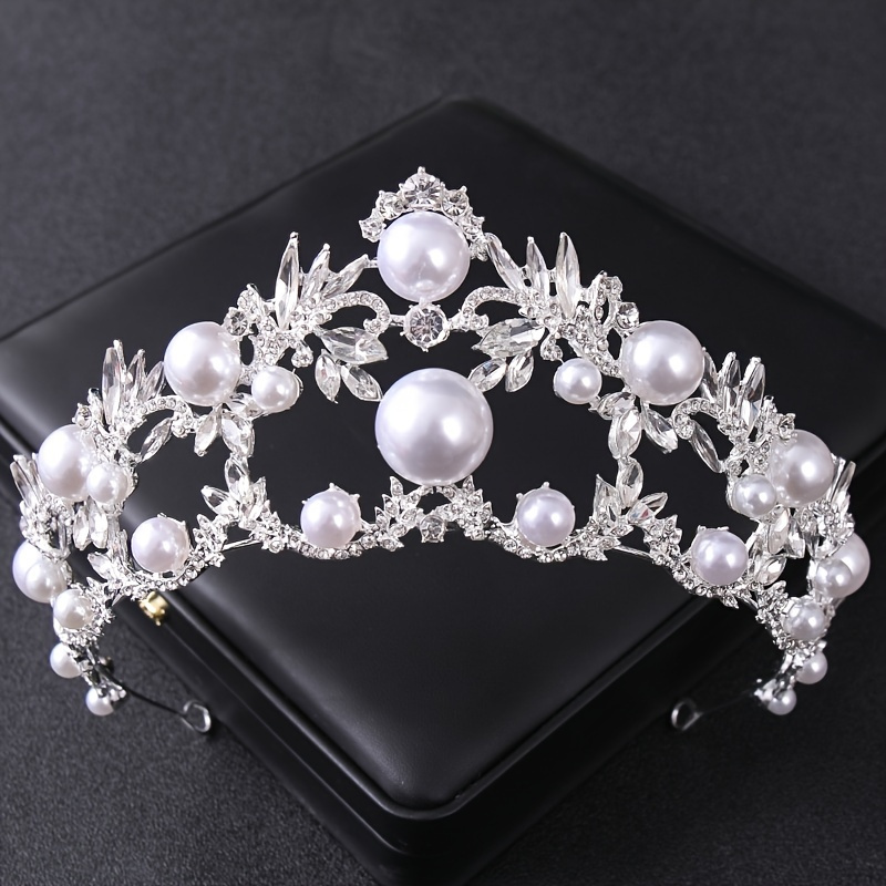 Baroque Rose Silvery Crystal Faux Pearls Bridal Tiaras Crown Rhinestone ...