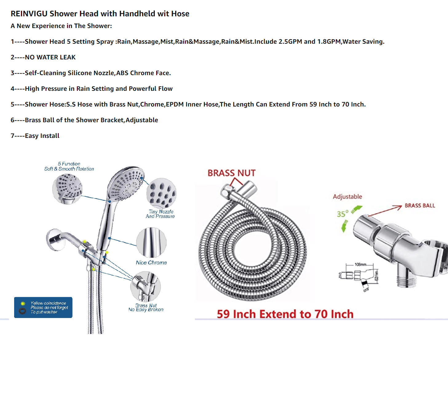 Shower Head Handheld 5 Setting Spray Long Hose Extend High Temu