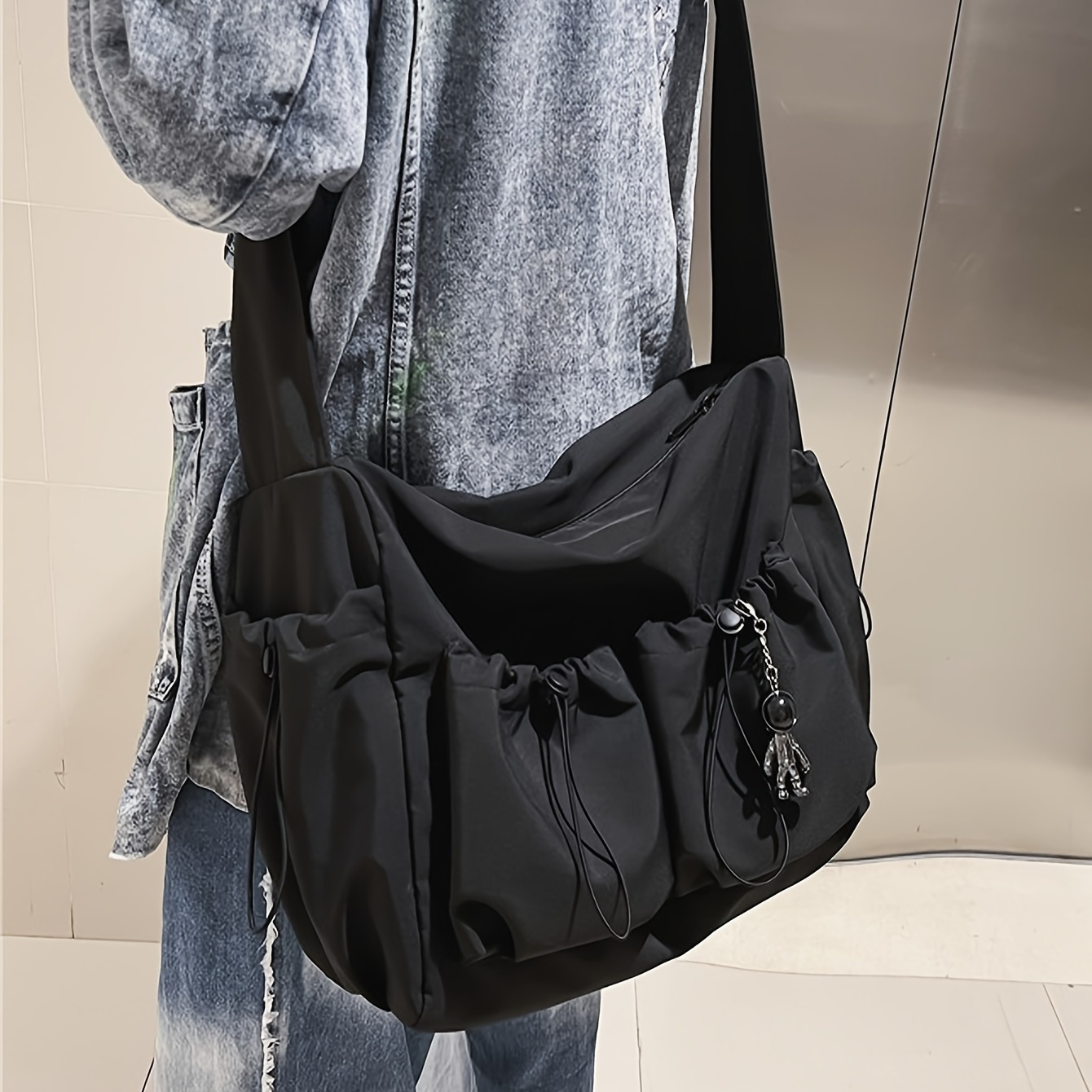 

Drawstring Detail Crossbody Bag, Large Capacity Shoulder Bag, Fashion Zipper Bag With Bag Charm