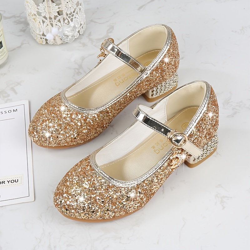 Girls Elegant Sequin High Heel Princess Shoes, Luxury Exquisite Lightweight Slip-on Non-slip Shoes For Performance Party