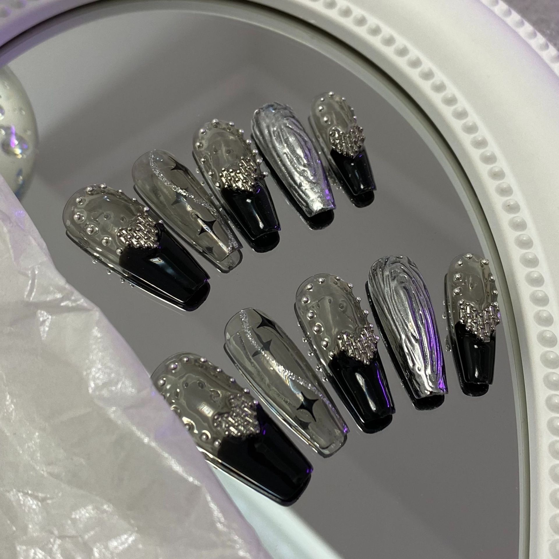 Gothic Style Handmade Press On Nails Black French Tip Fake Temu